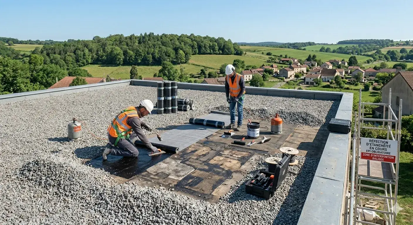 Chantier de réparation d'étanchéité sur toiture-terrasse dans l'Hérault — intervention d'un artisan du réseau NexaCover
