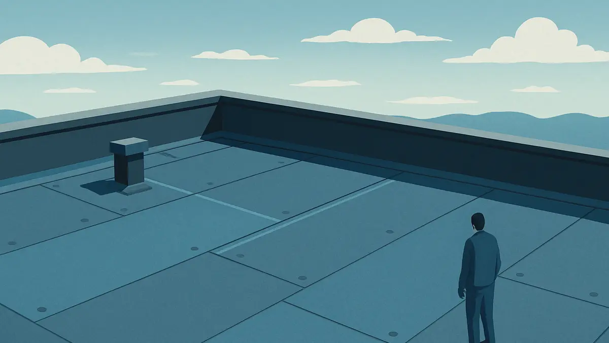 Toiture-terrasse et membrane d’étanchéité vues de haut, sans personne identifiable