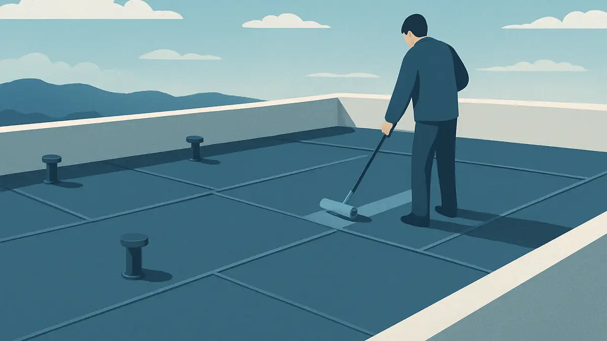 Toiture-terrasse et membrane d’étanchéité vues de haut, sans personne identifiable