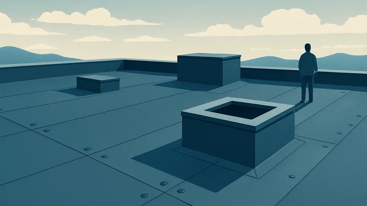 Toiture-terrasse et membrane d’étanchéité vues de haut, sans personne identifiable