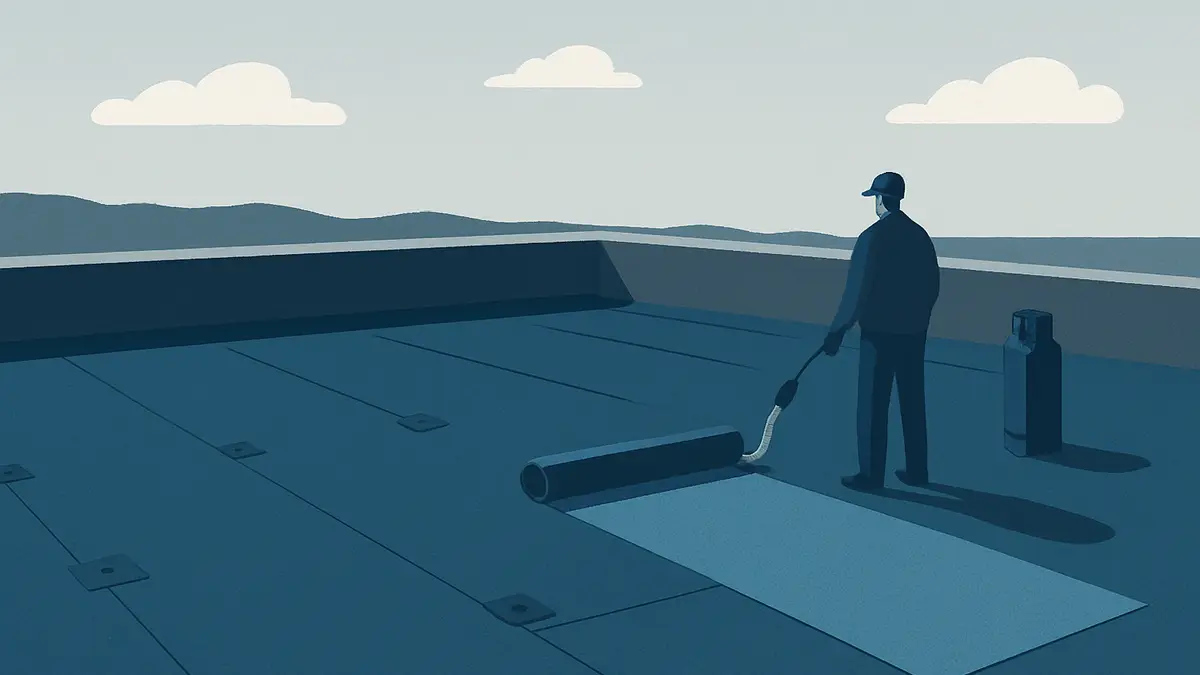 Toiture-terrasse et membrane d’étanchéité vues de haut, sans personne identifiable