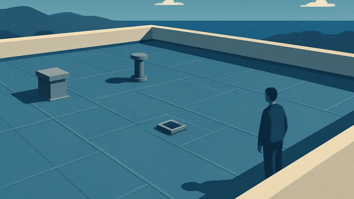 Toiture-terrasse et membrane d’étanchéité vues de haut, sans personne identifiable